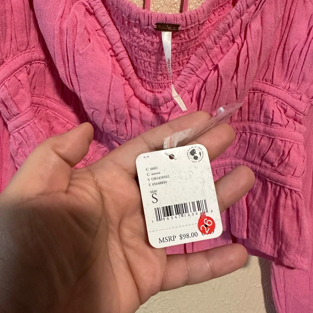 NWT Free People Chloe‎ Top Size Small Ruched Long Sleeve Barbie Pink